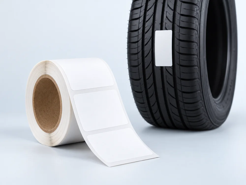 Filmictyre etiket uygulamasını temsil eden lastik sırtındaki beyaz etiket ve etiket rulosu